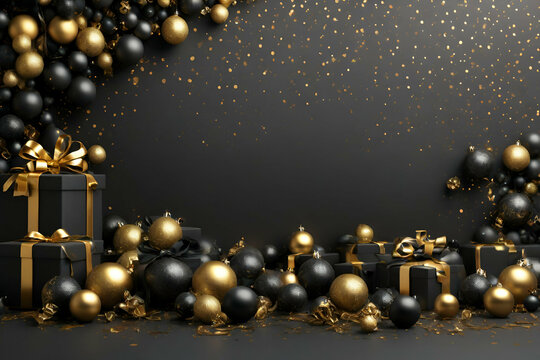 Christmas background with empty space, black and golden balls, gift boxes, confetti. Luxury, chic style