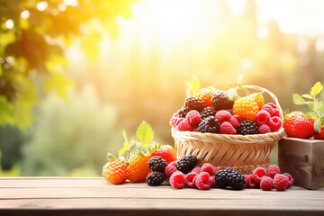 freshly picked berries close-up on a wooden table outdoors in summer. copy space