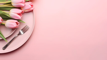 Festive creative table setting plate and tulip bouquet on pink background. Womens Day and Mothers Day
