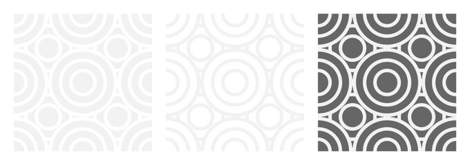 Set of seamless gray patterns of circles arcs lines to create fabric and wallpaper, easy background for Christmas card. Geometric white shapes in trendy retro style for cover decoration.