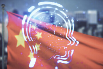 Abstract virtual artificial Intelligence interface with human head hologram on Chinese flag and...