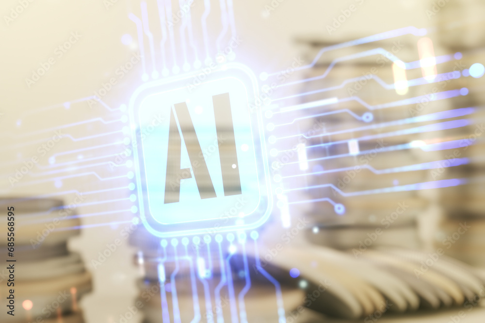 Poster double exposure of creative artificial intelligence icon on growing stacks of coins background. neur