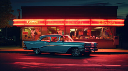 American vintage classic car in front of a dinner with neon signboard