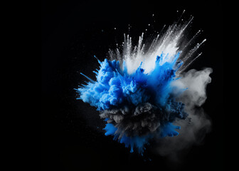 Blue, black, and white color powder explosion creates a dynamic background for a poster or display, inspired by the colors of the Estonian flag, set against a dramatic black background.