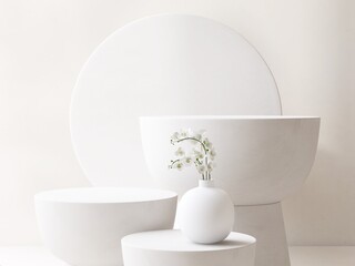 Three modern white side table podium with flower in vase in sunlight on white round background. Luxury cosmetic, skincare, beauty, body, hair care, treatment, fashion product display background 3D