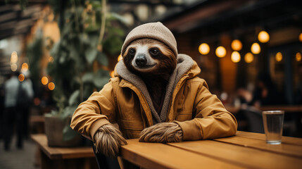 Cute stylish sloth in cafe. Generative AI - obrazy, fototapety, plakaty
