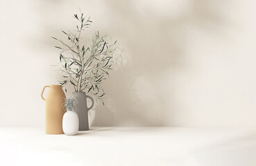 Blank minimal white countertop podium, tree in vase, soft beautiful dappled sunlight, leaf shadow on cream wall for luxury hygiene organic cosmetic, skincare, beauty treatment product background 3D
