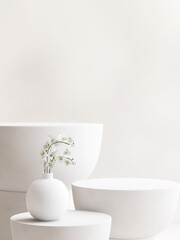 Three modern white side table podium with flower in vase in sunlight on beige white background. Luxury cosmetic, skincare, beauty, body, hair care, treatment, fashion product display background 3D