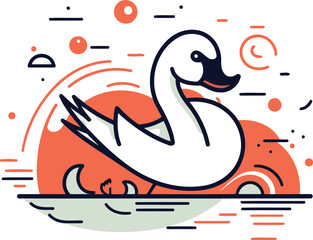 Swan swimming in the sea vector illustration in thin line style