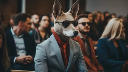 Fotobehang Cute dog in stylish pink business suit and glasses. Generative AI © Odin