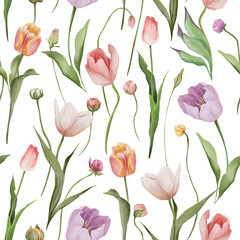 Watercolor floral tulip seamless pattern