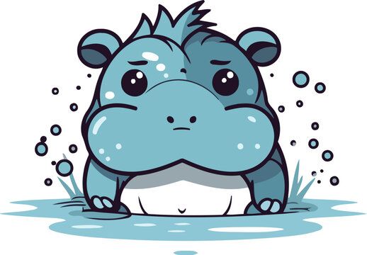 Cute hippopotamus in water cartoon vector illustration isolated on white background