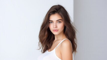 Beautiful young woman looks at camera on white background