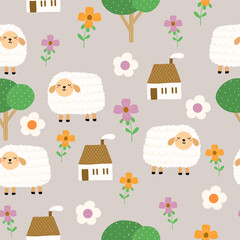 Seamless pattern with cute sheep, flower cottage, tree for your fabric, children textile, apparel, nursery decoration, gift wrap paper, baby's shirt. Vector illustration