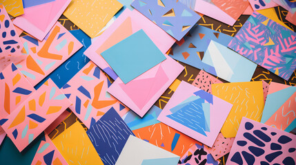 Fototapeta premium photo of paper sheets flat lay with geometric and floral risograph prints, colorful, modern background