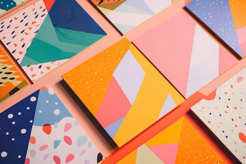 photo of paper sheets flat lay with geometric and floral risograph prints, colorful, modern...