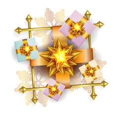 Christmas isolated element, bright golden square frame with gift boxes.