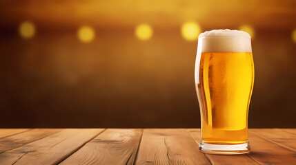 Fresh cold beer on wooden floor on gold background