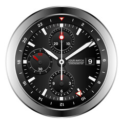 Realistic black silver black clock watch face chronograph red arrow white number luxury isolated background vector