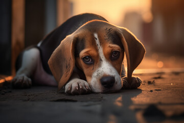 An adorable beagle dog is lounging on the outdoor floor.