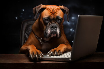 A Boxer dog is sitting on the chair and typing keyboard on laptop.