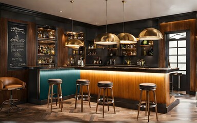 A retro-themed bar area with vintage stools and pendant lights.