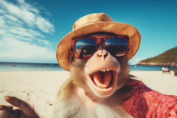 illustration of an monkey wearing sunglasses selfie on the beach. Created with Generative AI - obrazy, fototapety, plakaty