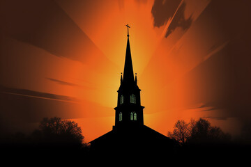 illustration of silhouette of church at sunset. Created with Generative AI