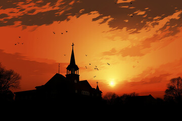 Obraz premium illustration of silhouette of church at sunset. Created with Generative AI