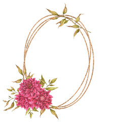 Golden oval floral frame made of dahlias, foliage, dried flowers and rose hips. Watercolor design for cards, invitations, announcements, etc. Wedding, birthday, anniversary, Valentine's Day.
