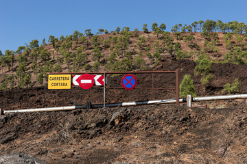 Road closed due to forest fire. Teide National Park (Parque Nacional del Teide). Tenerife. Canary Islands. Spain