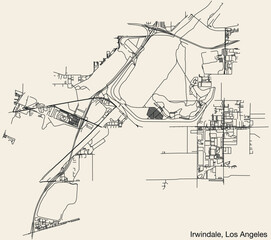 Detailed hand-drawn navigational urban street roads map of the CITY OF IRWINDALE of the American LOS ANGELES CITY COUNCIL, UNITED STATES with vivid road lines and name tag on solid background