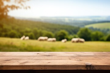 Fototapeta premium empty wooden table top for product display montages with blurred sheep on a sunny field view background