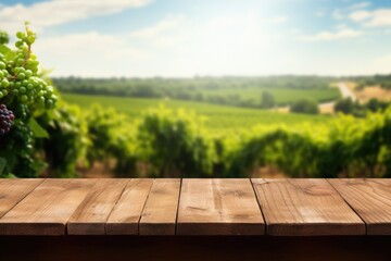 empty wooden table top for product display montages with blurred rows of grape bushes background,...