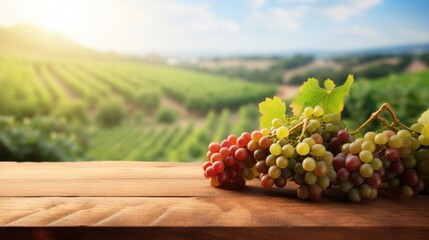 wooden table top with grapes for product display montages with blurred rows of grape bushes...