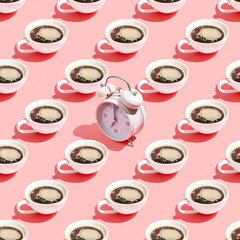Seamless pattern with cup of coffee and alarm clock on pink background. Wake up time concept.
