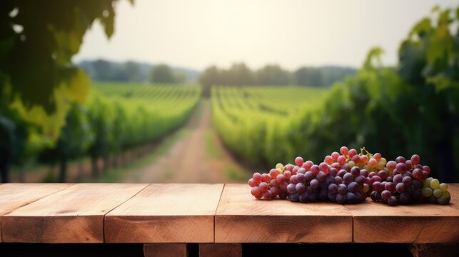wooden table top with grapes for product display montages with blurred rows of grape bushes background