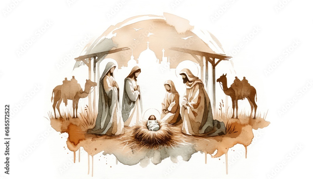 Poster watercolor illustration of christmas nativity scene on white background