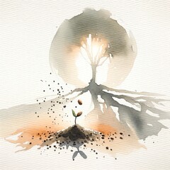 The mustard seed. Watercolor illustration of  a little sprout growing from the ground and a big tree in the background - obrazy, fototapety, plakaty