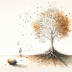 The mustard seed. Watercolor illustration of a man under the big tree and the symbol of the seed - obrazy, fototapety, plakaty
