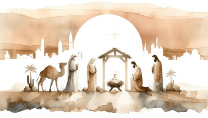 Watercolor illustration of Christmas Nativity Scene. Neutral tone palette © Faith Stock
