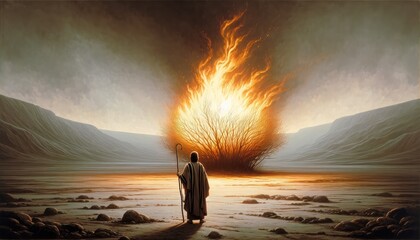 Watercolor painting of Moses in front of the burning bush