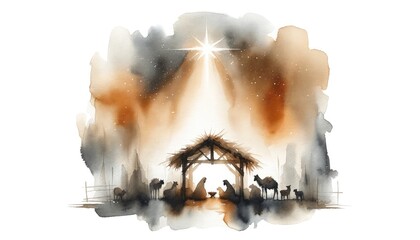 Watercolor illustration of Jesus Christ birth scene during the starry night © Faith Stock