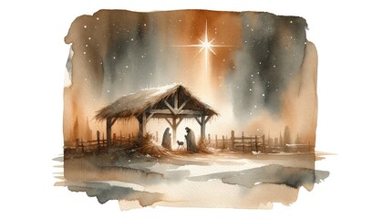 Watercolor illustration of Jesus Christ birth. Night landscape - obrazy, fototapety, plakaty