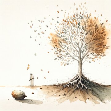 The mustard seed. Watercolor illustration of a man under the big tree and the symbol of the seed
