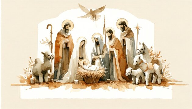 Watercolor illustration of Christmas Nativity Scene 