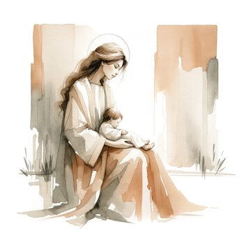 Holy Mother with baby Jesus. Watercolor painting on white background. 