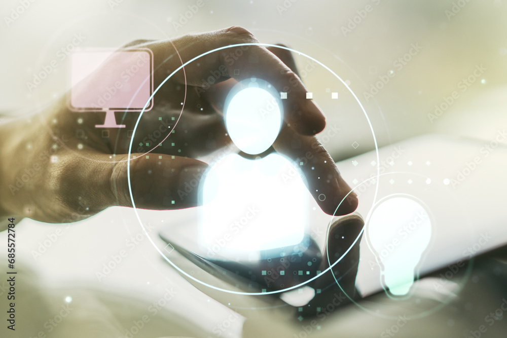 Poster double exposure of social network icons concept with finger clicks on a digital tablet on background