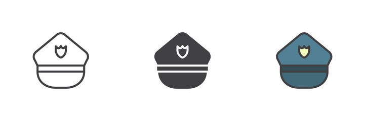 Police cap with badge different style icon set