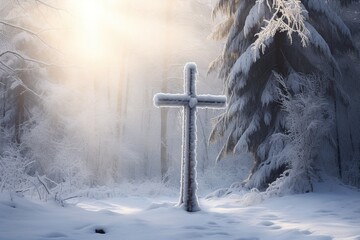Cross in the winter forest. Christian cross in the snowy forest.